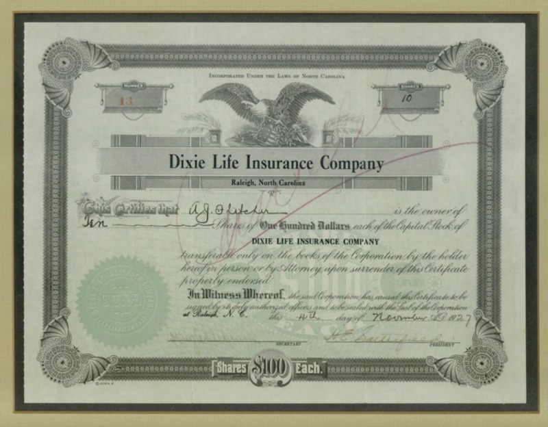 AJ Fletcher stock certificate for Dixie Life
