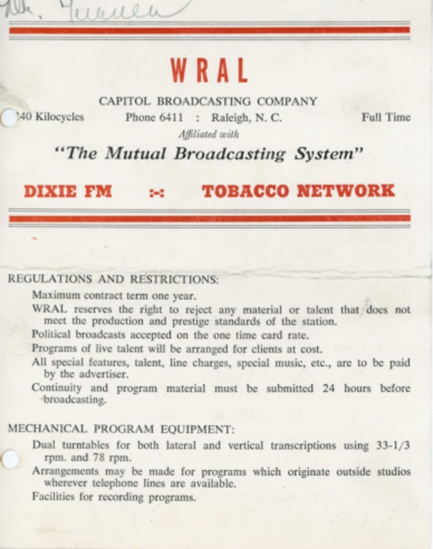 WRAL Radio rate card from 1951